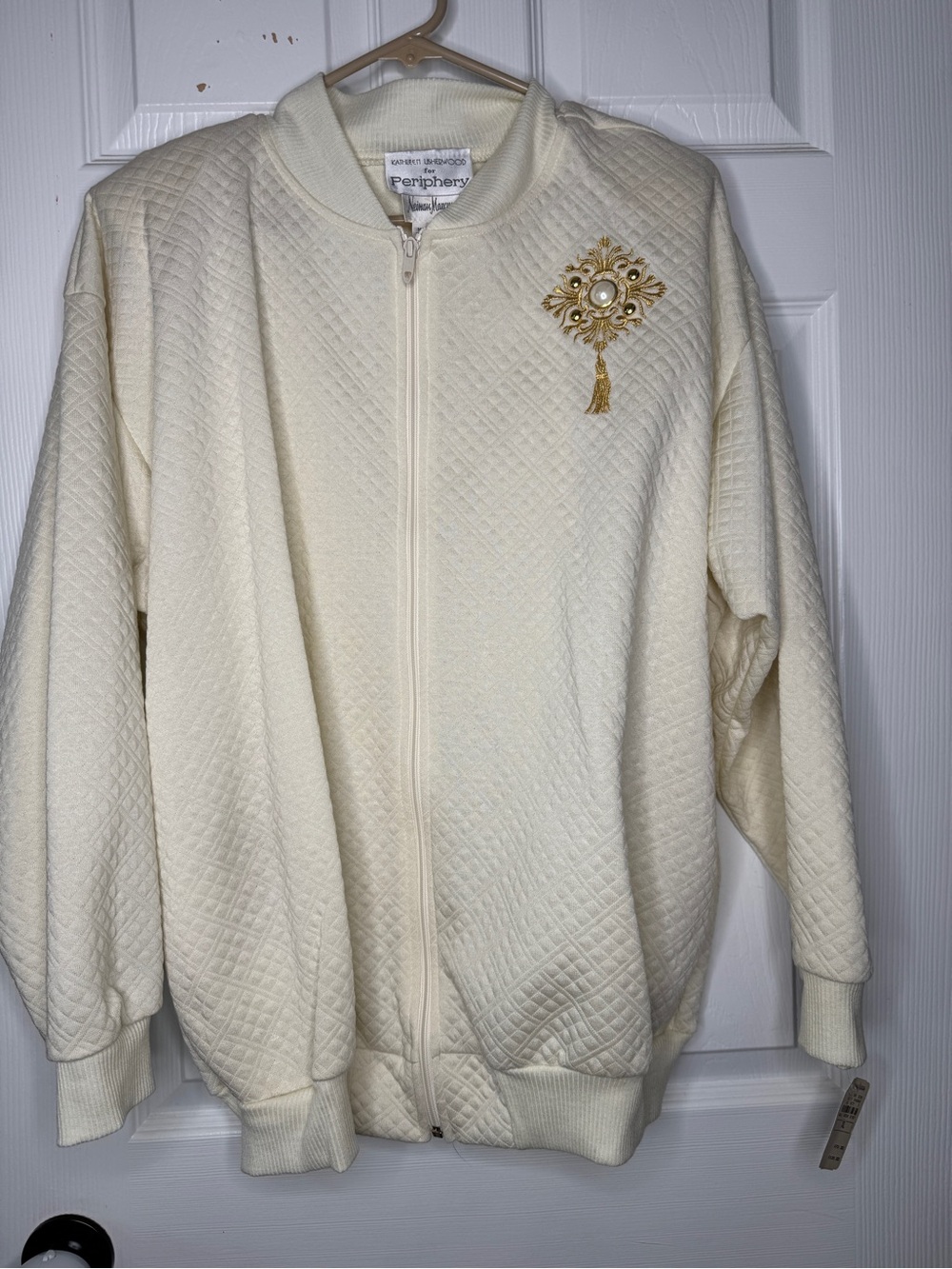 Neiman Marcus Cream Quilted Zip-Front Jacket with Gold Brooch Accent NWT